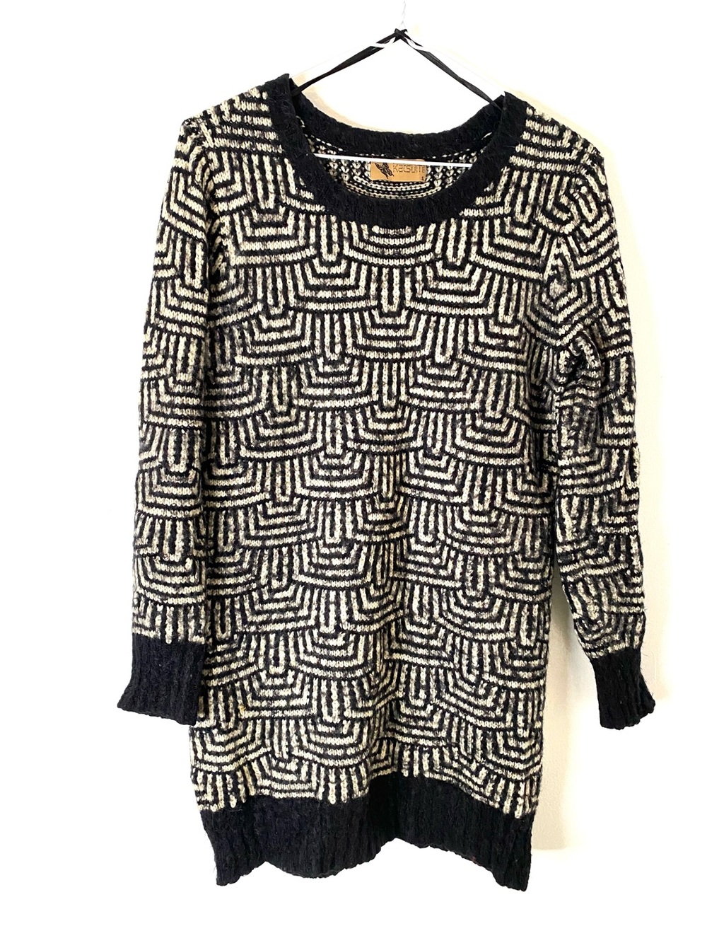 Katsumi Black Cream Geometric Pattern Longline Knit Sweater Tunic
